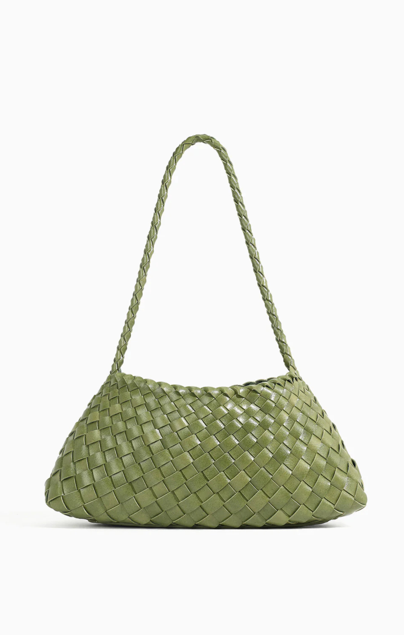 Green woven handbag on a white background