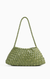 Green woven handbag on a white background