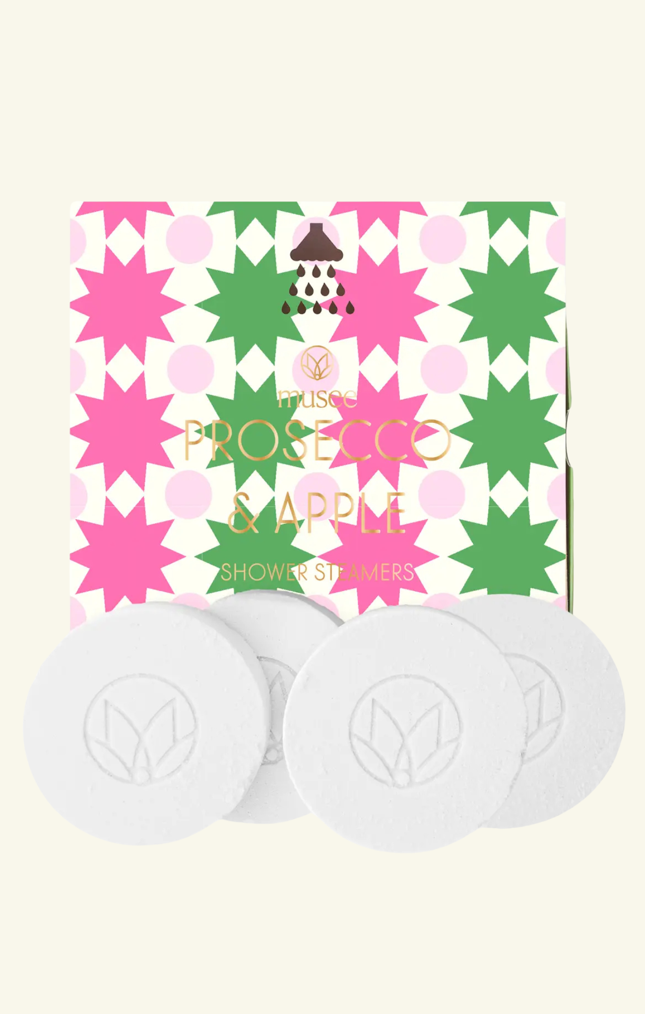Shower steamers with a colorful box labeled 'Rose & Apple' on a white background