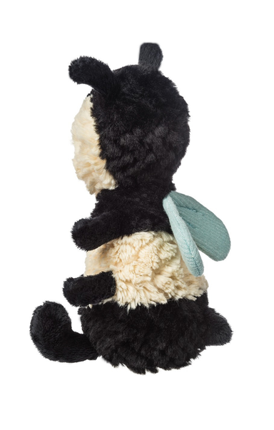 Plush toy resembling a bee with black, white, and green colors on a white background