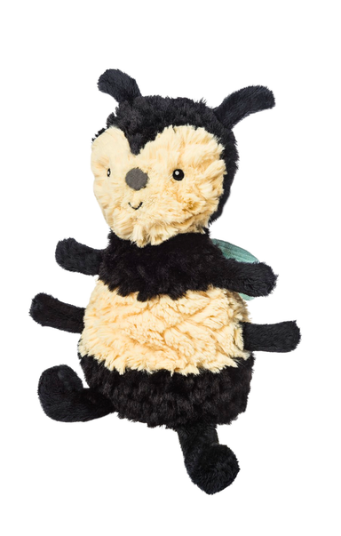Plush bee toy with black and yellow colors on a white background