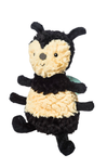 Plush bee toy with black and yellow colors on a white background
