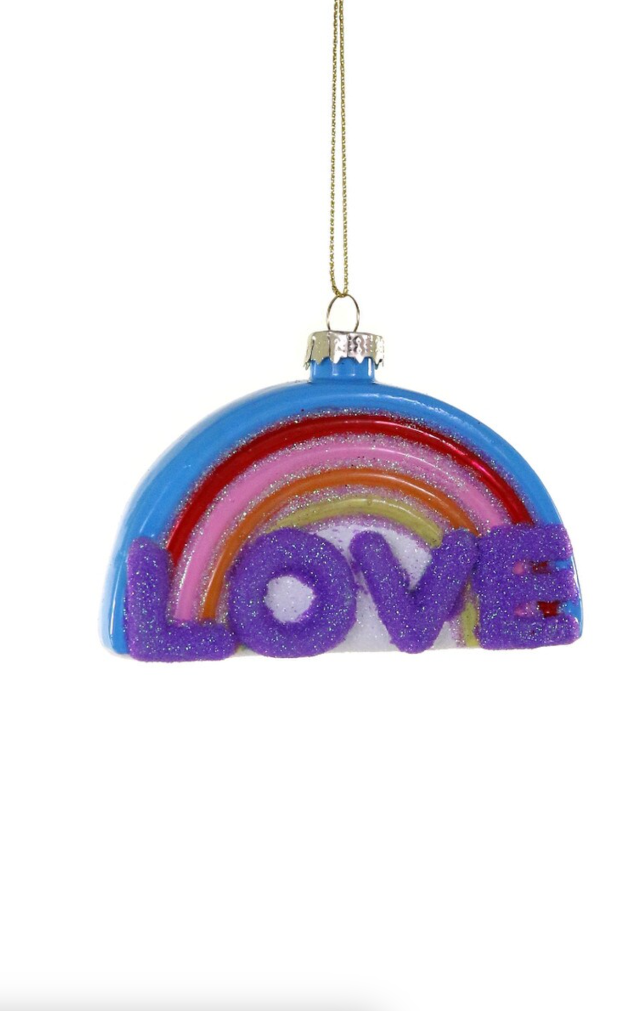 Decorative ornament shaped like a rainbow with the word 'LOVE' on a white background