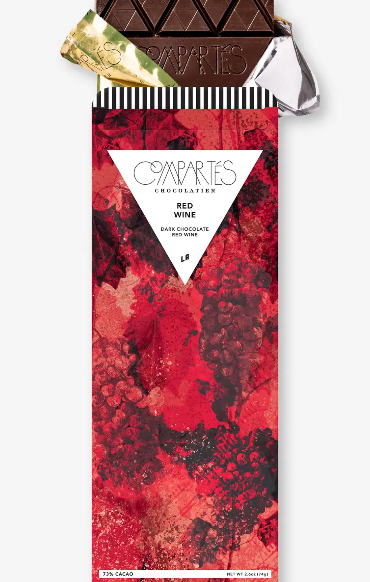 Dark chocolate bar with red wine flavor packaging featuring a marbled design.