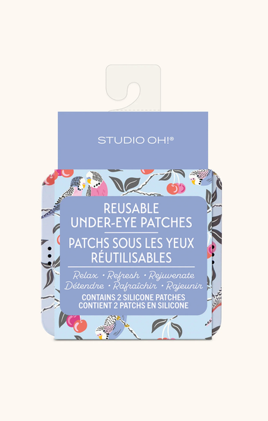 Pack of reusable under-eye patches with floral design on packaging