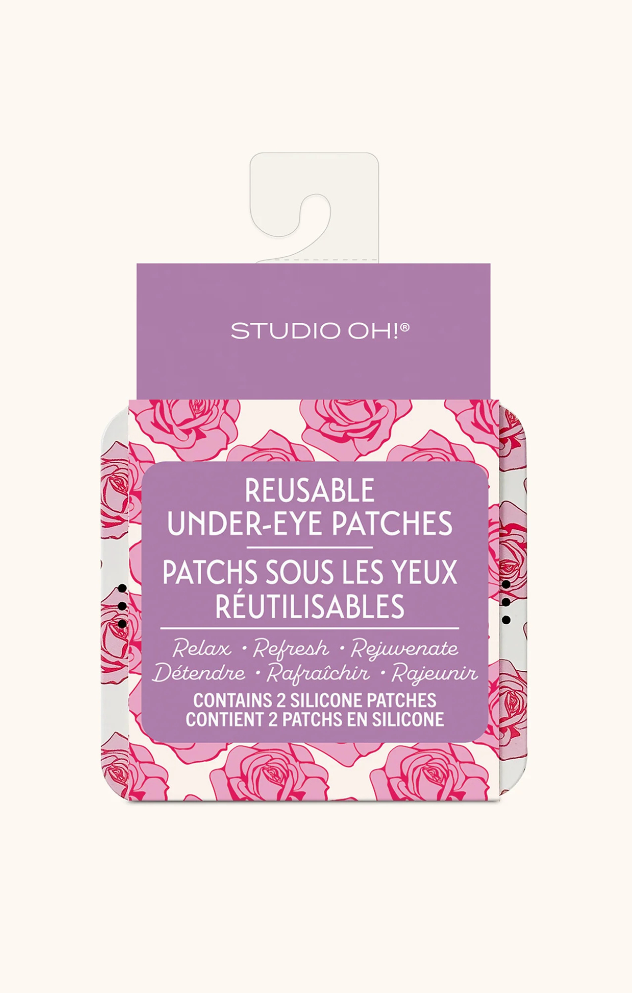 Pack of reusable under-eye patches with pink roses on a white background