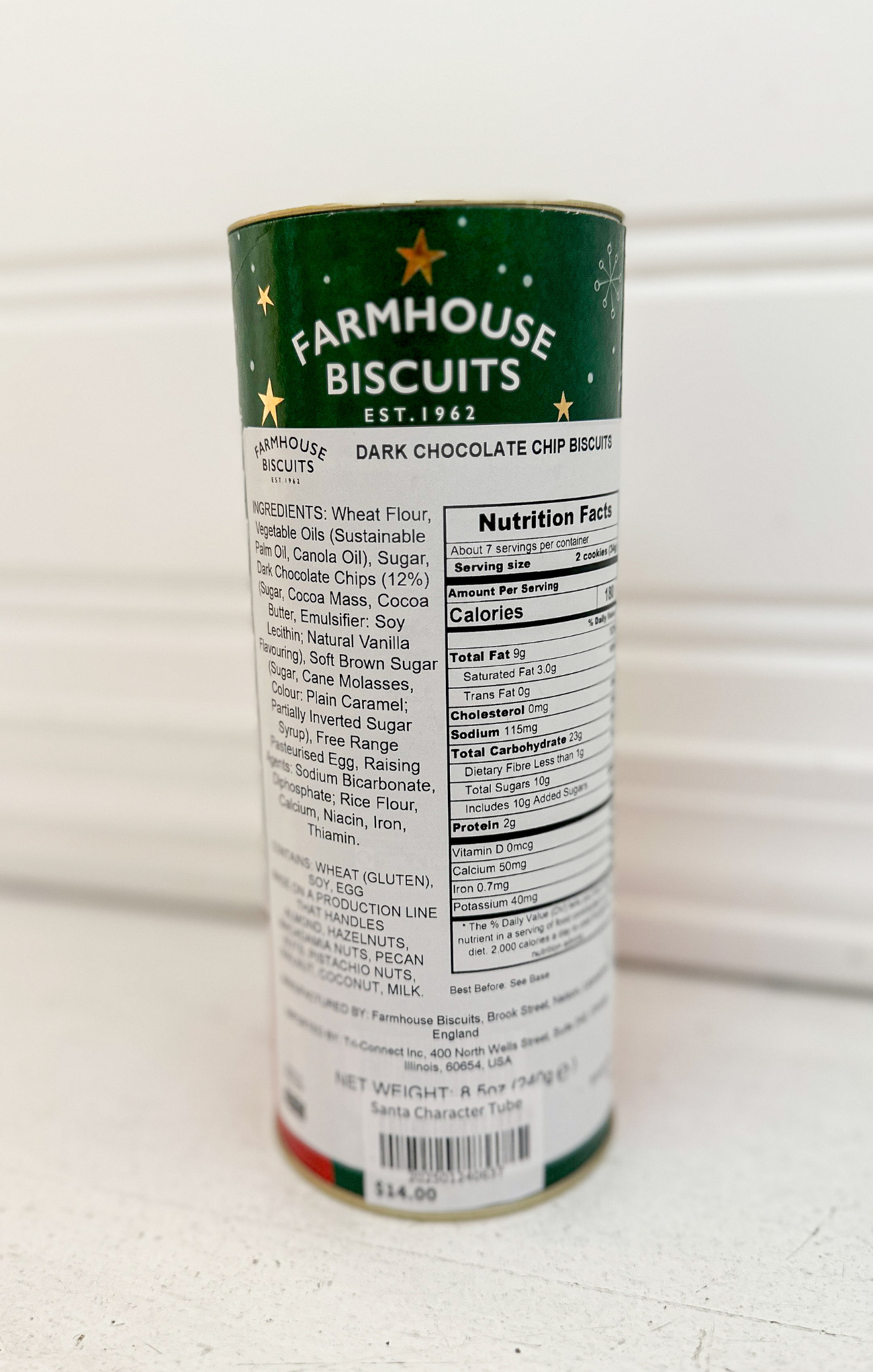 Can of Farmhouse Biscuits with nutritional information on a white background