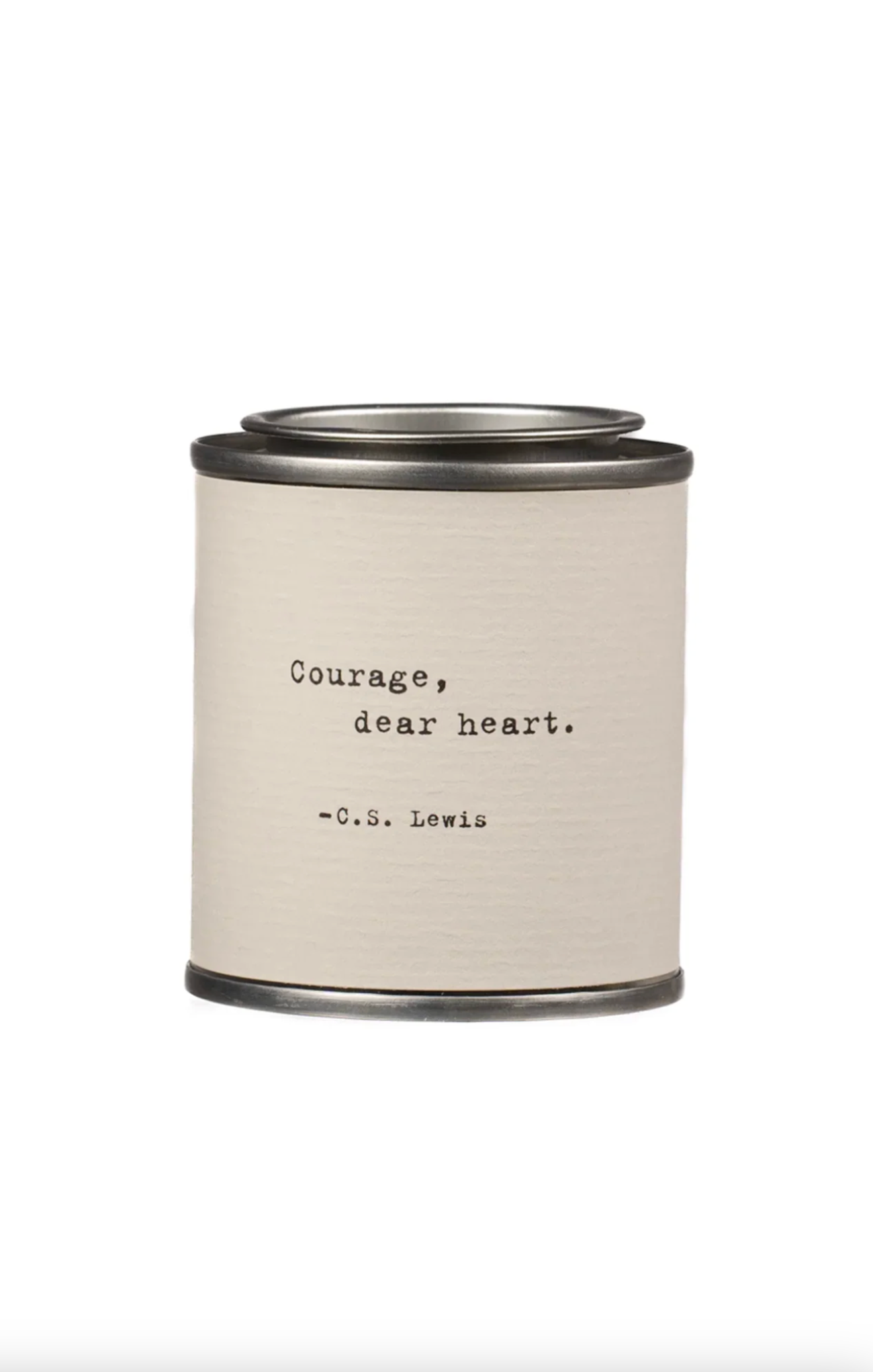 Candle with text 'Courage, dear heart. - C.S. Lewis' on a white background