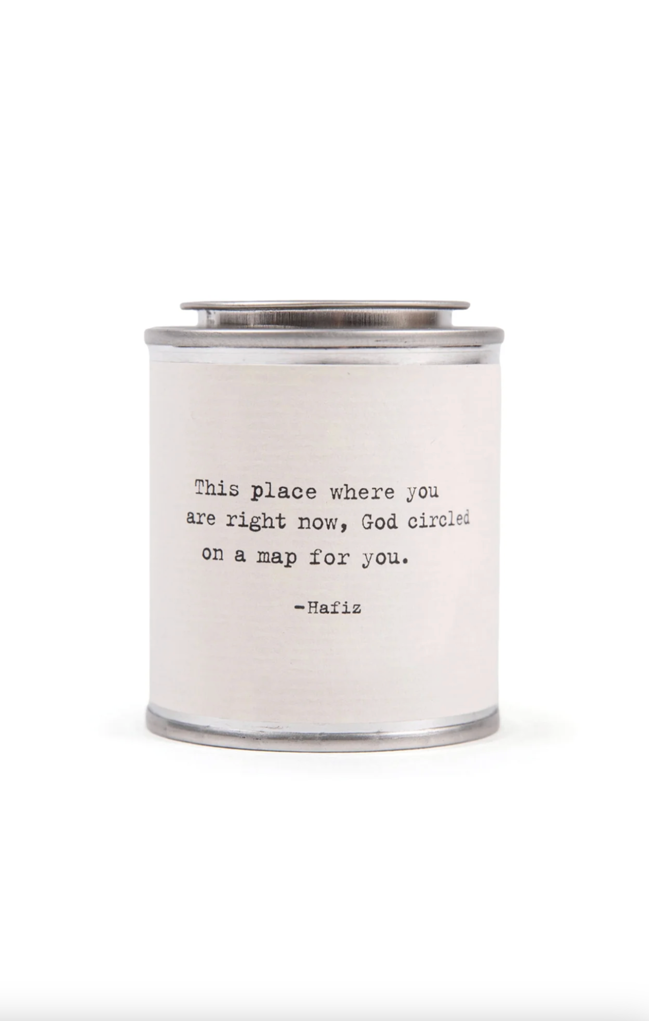 Candle with a quote by Hafiz on a white background