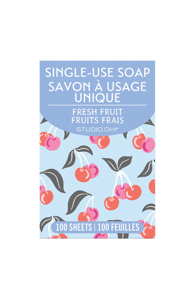 Single-use soap packaging with cherry design and blue label on a white background