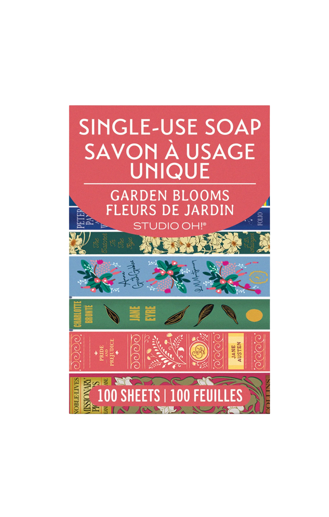 Single-use soap packaging with floral designs and text on a white background