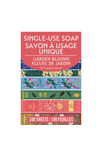 Single-use soap packaging with floral designs and text on a white background