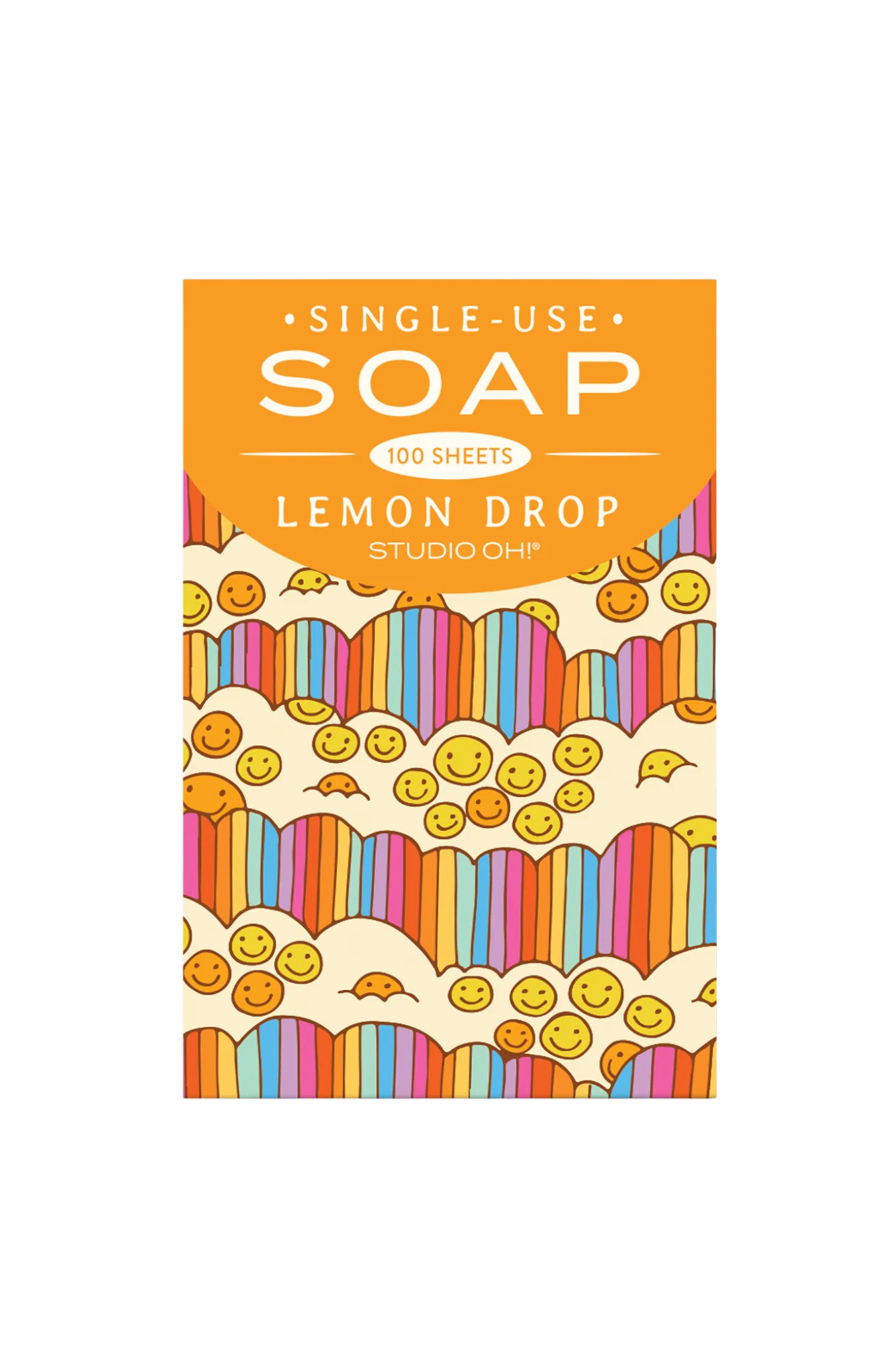 Single-use soap packaging with colorful design and lemon drop flavor text on an orange background