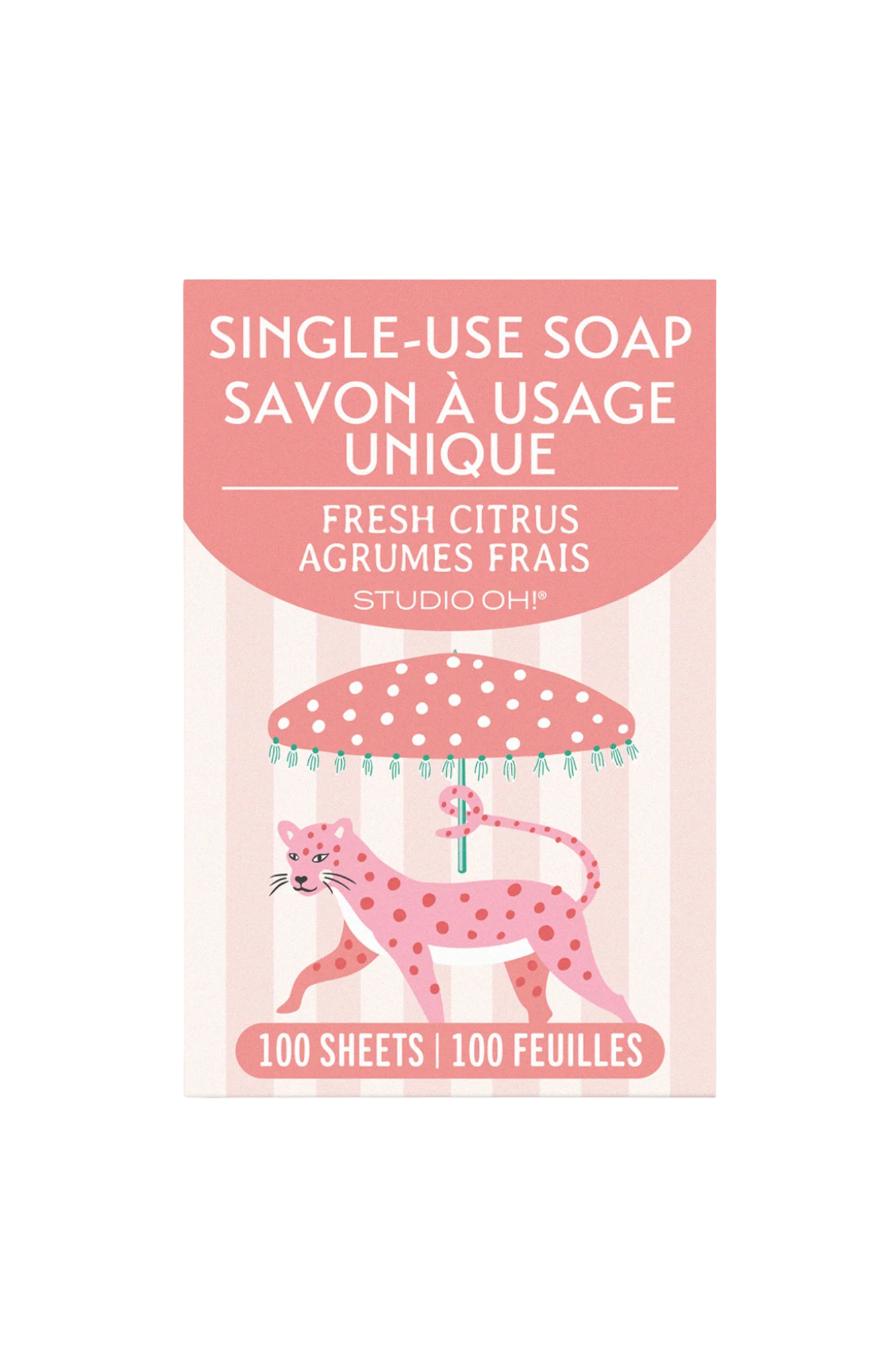 Package of single-use soap sheets with a pink umbrella and leopard design on a white background