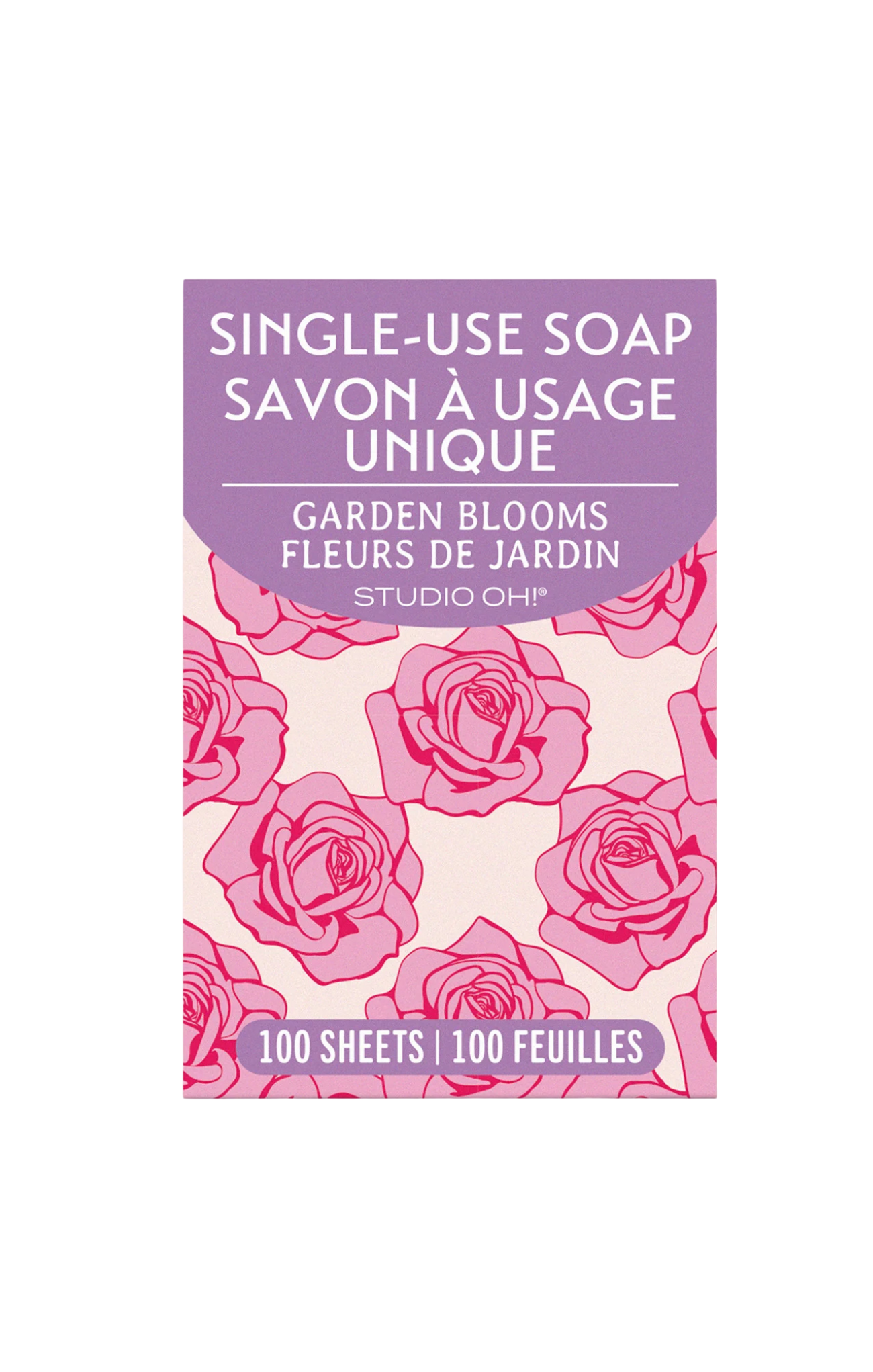 Single-use soap packaging with pink rose pattern and Studio Oh! branding