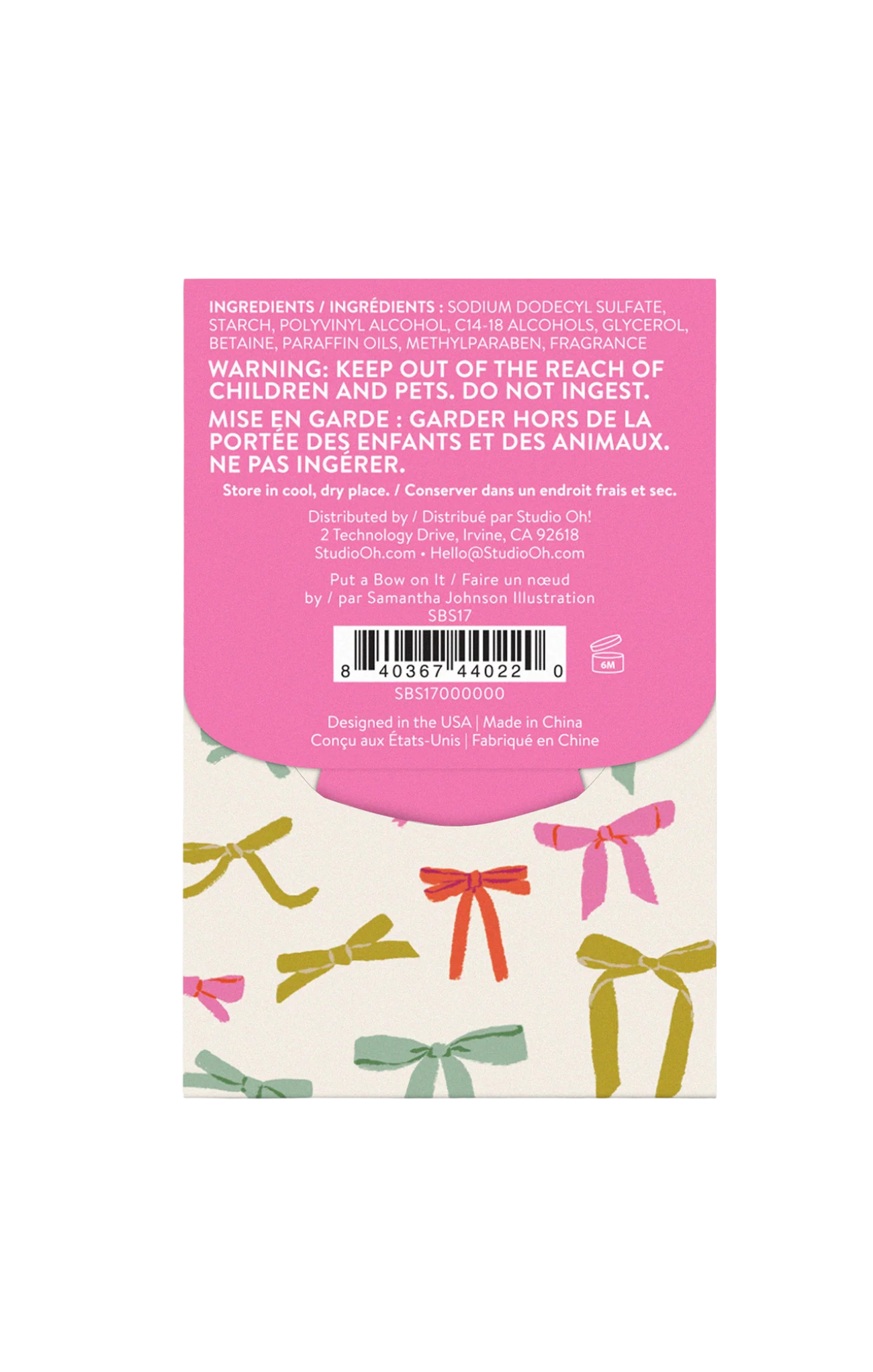 Product packaging with a pink warning label and colorful bows on a white background