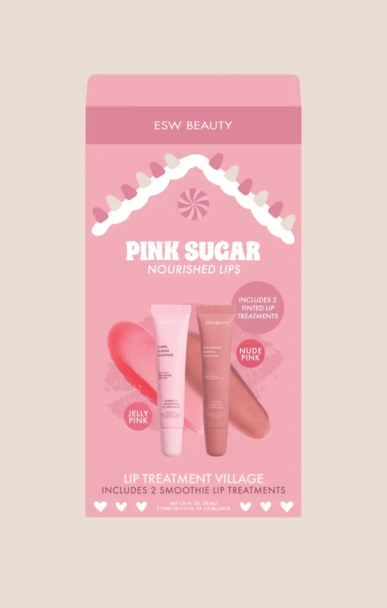 Pink packaging of ESW Beauty Pink Sugar Nourished Lips with lip balm and applicator on a beige background
