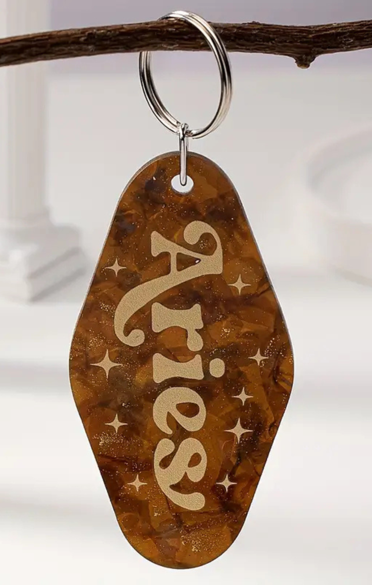 Keychain with 'Aries' engraving on a wooden tag, hanging from a branch.