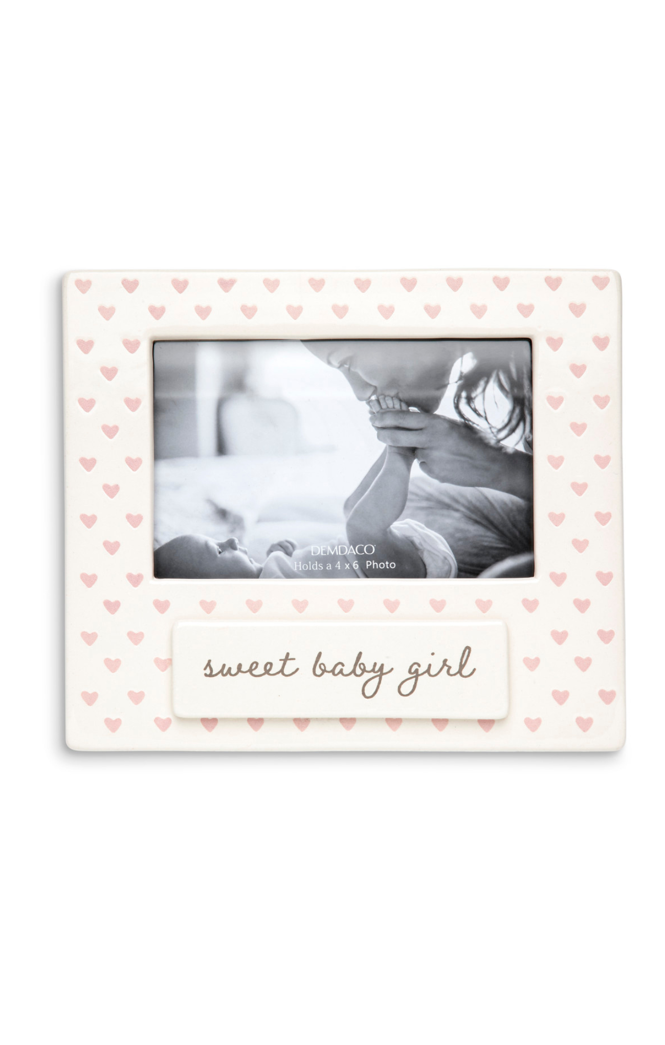 Photo frame with 'sweet baby girl' text and heart pattern on a white background