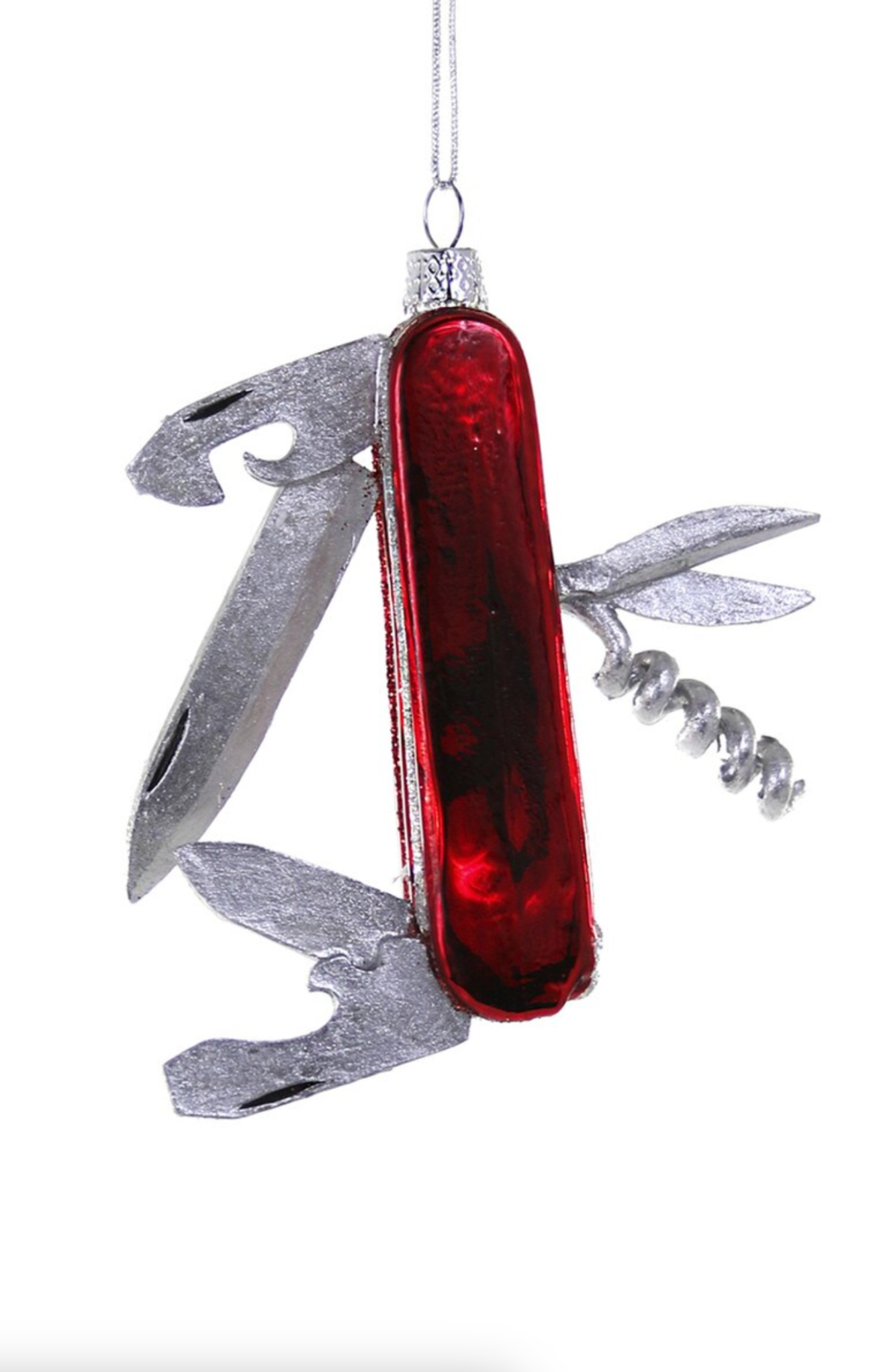 Multitool with red blade and silver tools on a white background