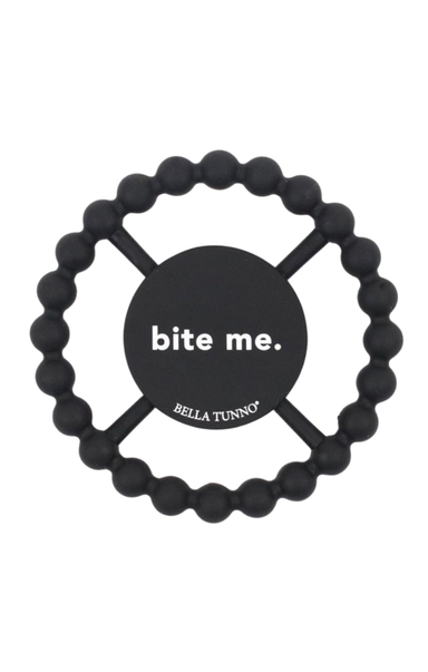 black teether that says bite me on the front on a white background