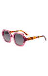 Sunglasses with pink frame and tortoiseshell accents on a white background