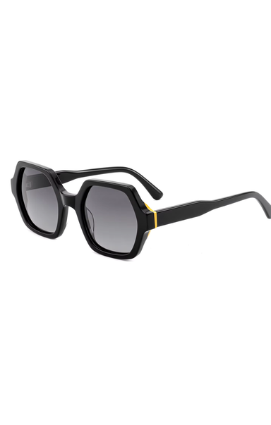 Black sunglasses with a gold accent on a white background
