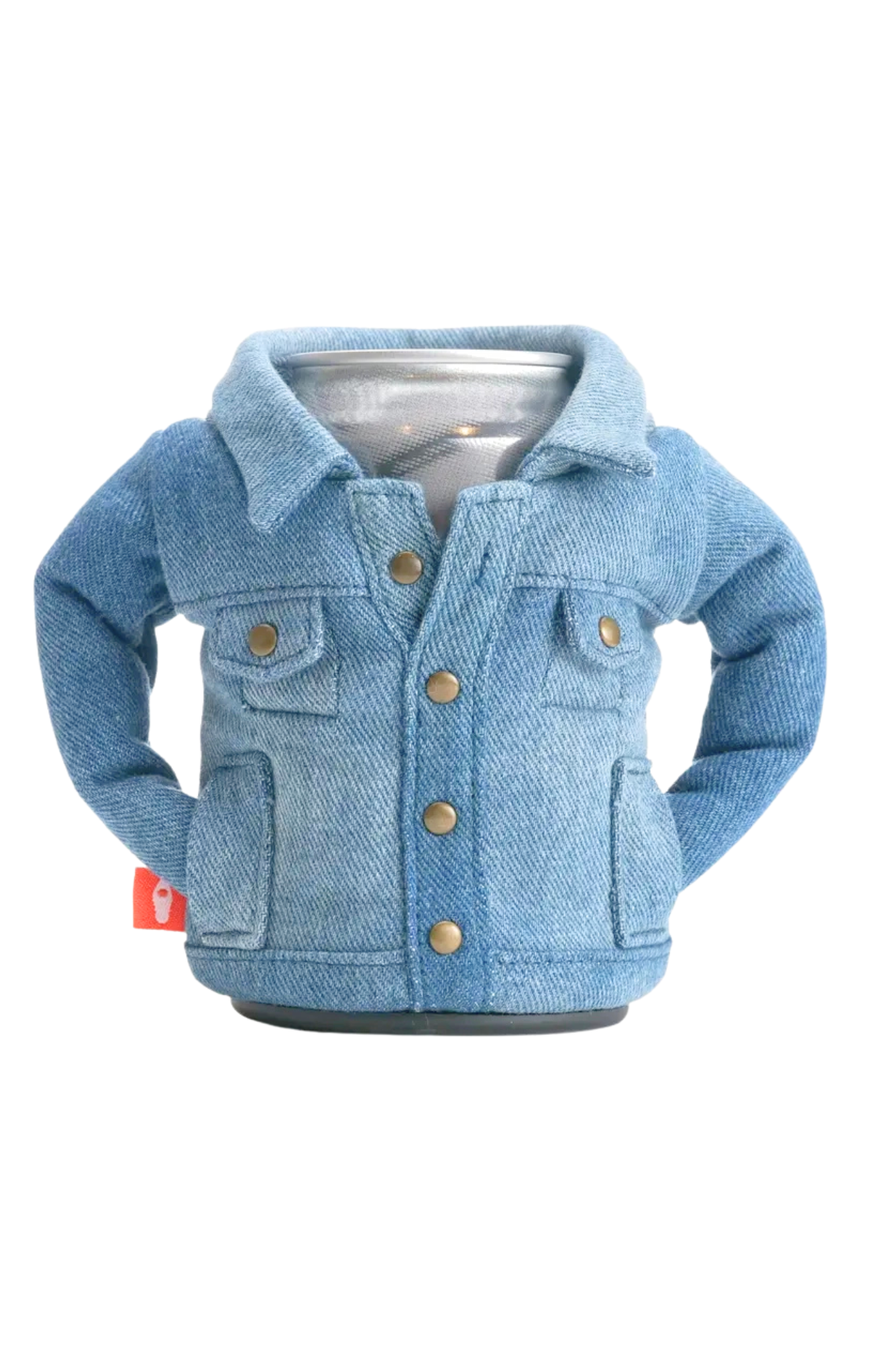 Blue denim jacket with gold buttons on a white background