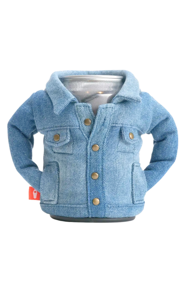 Blue denim jacket with gold buttons on a white background