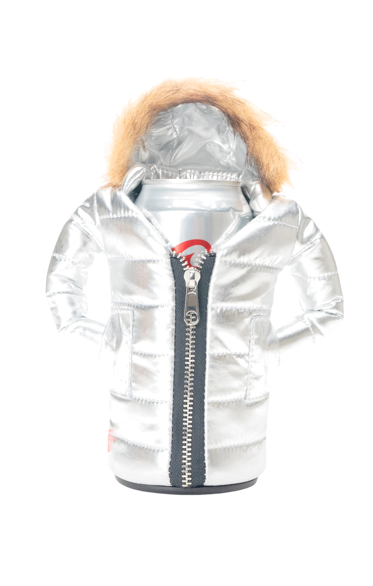 Silver jacket with fur hood on a white background