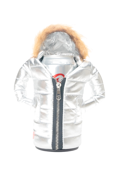 Silver jacket with fur hood on a white background