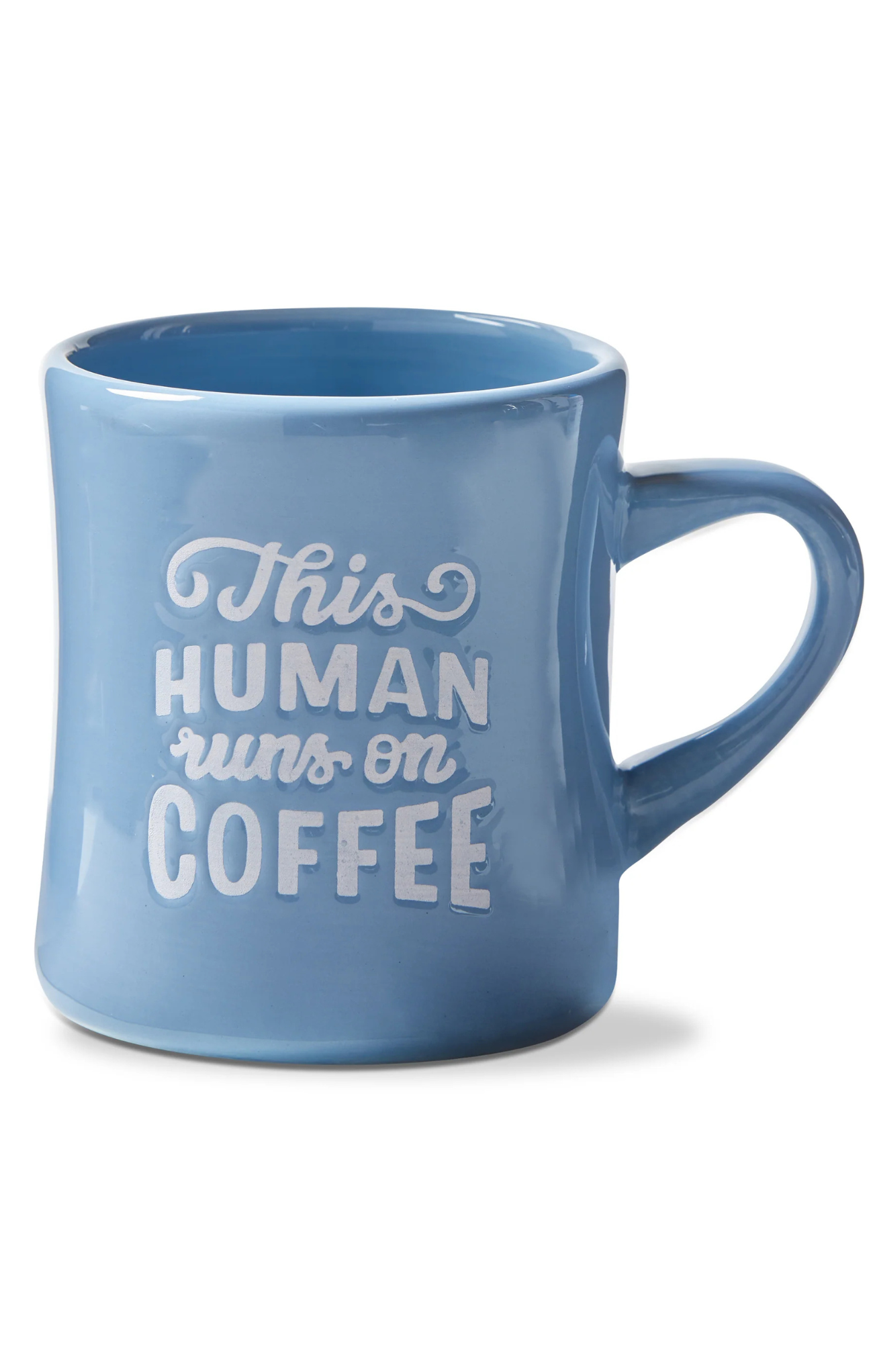 Blue mug with 'This human runs on coffee' text on a white background