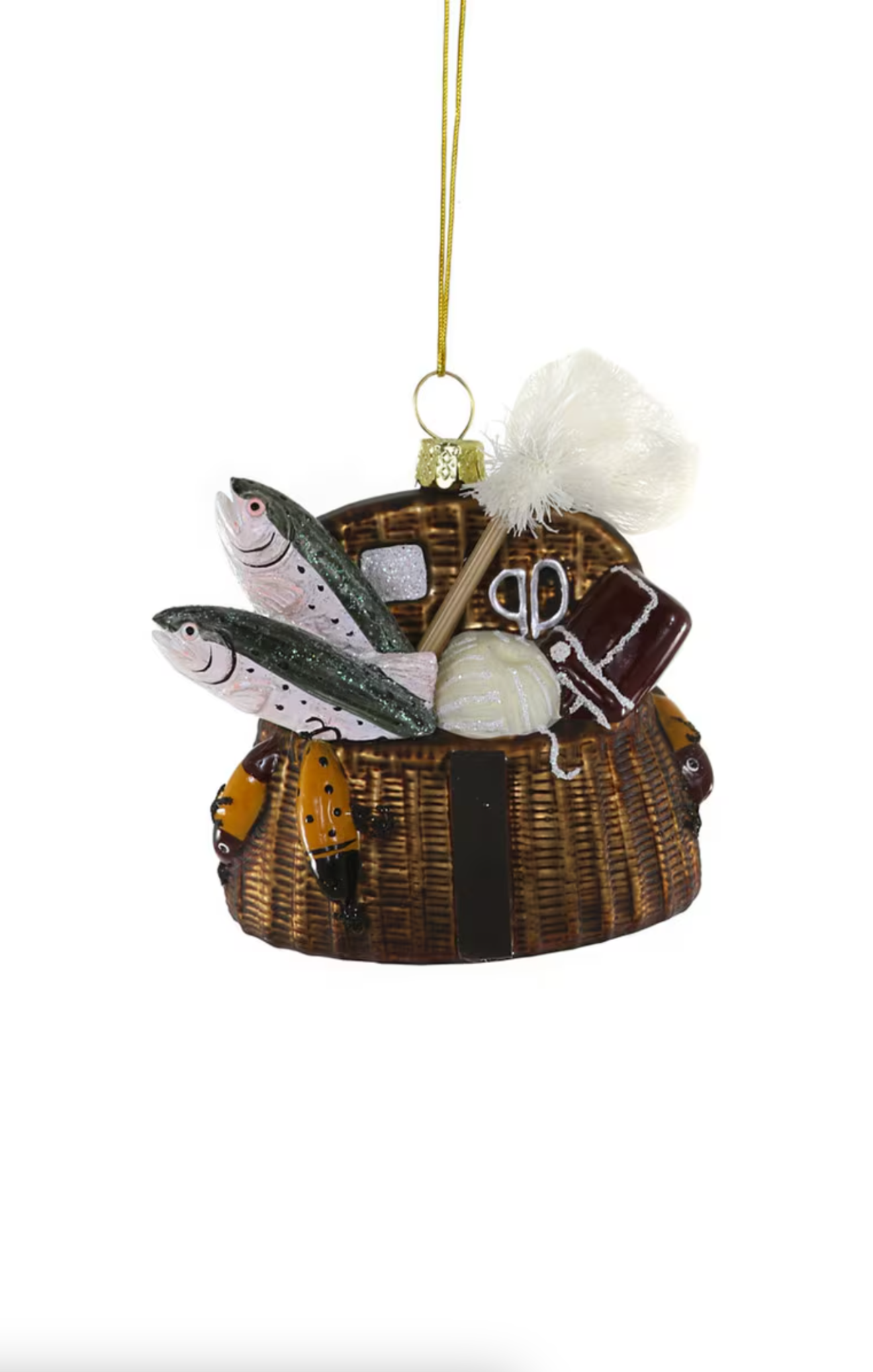 Decorative ornament resembling a wicker basket with fishing elements on a white background