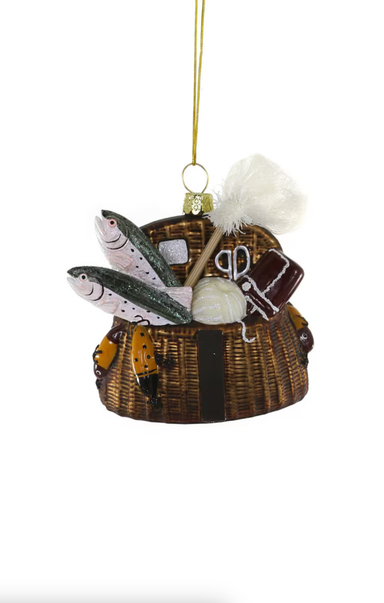 Decorative ornament resembling a wicker basket with fishing elements on a white background