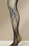 Black lace fishnet stockings on a beige background