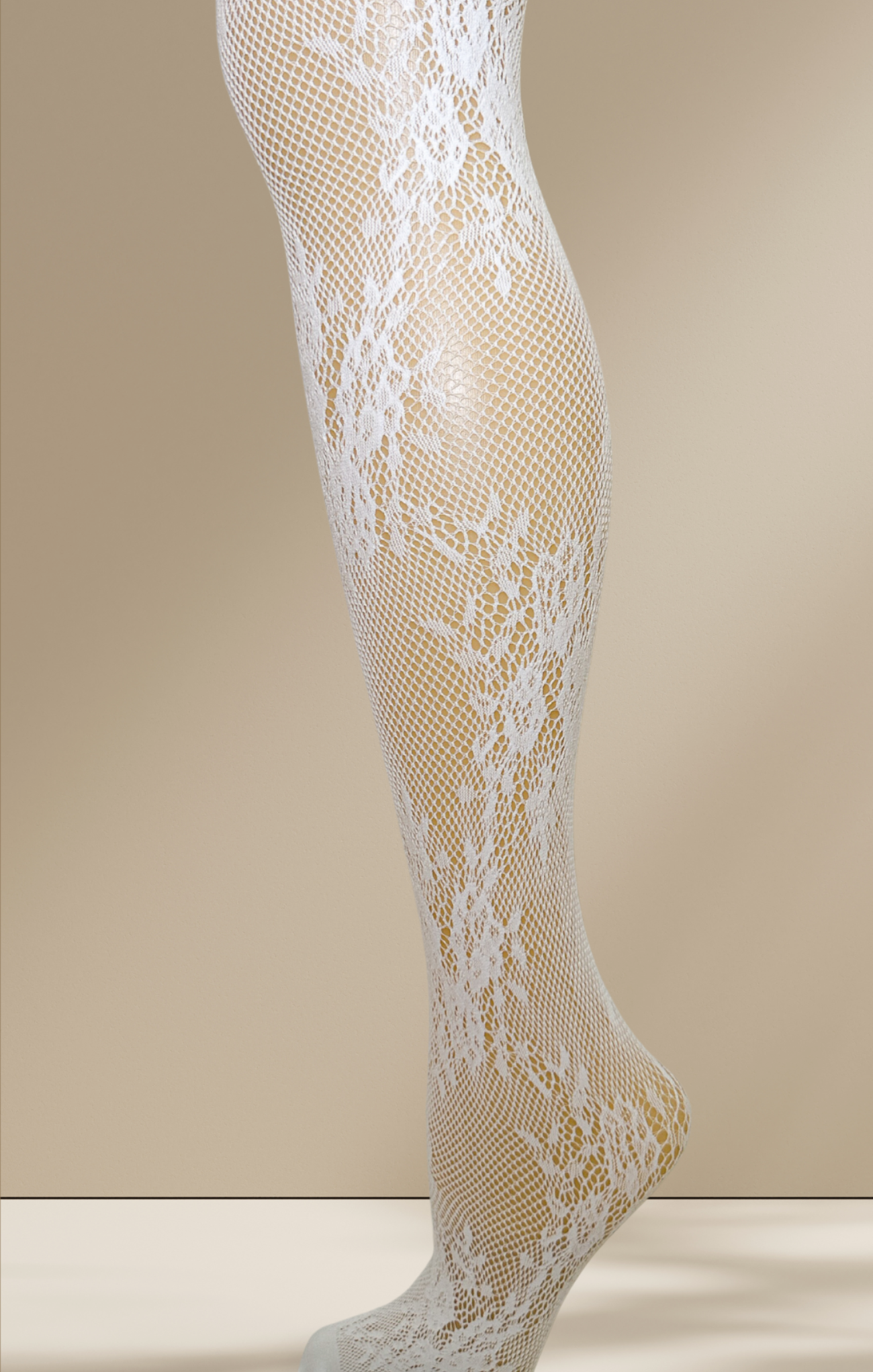 Lace fishnet stockings on a beige background