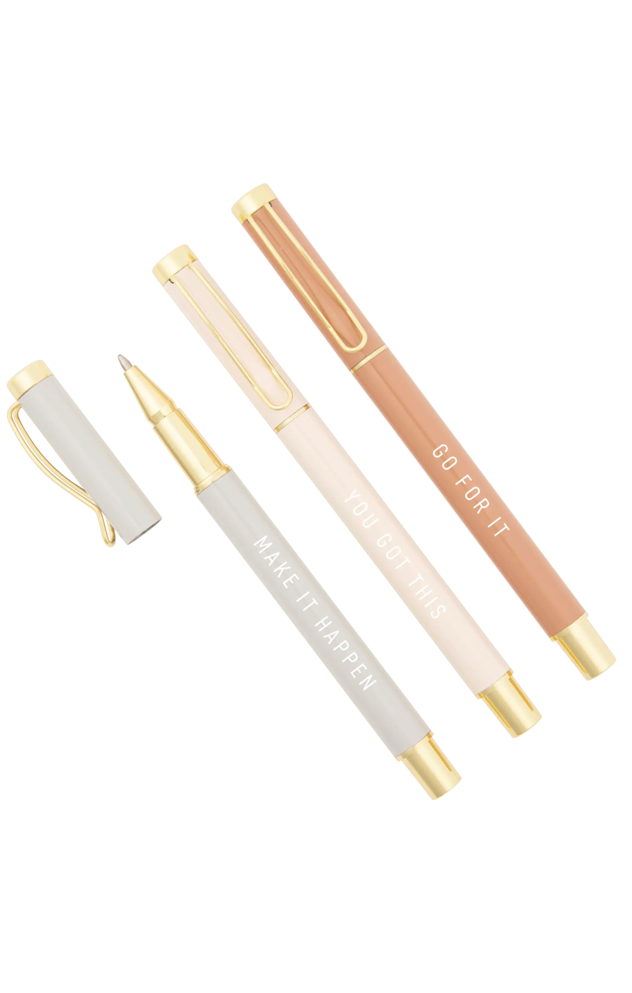 three pens that have the sayings make it happen, you got this, and go for it on the front of the pens with white background