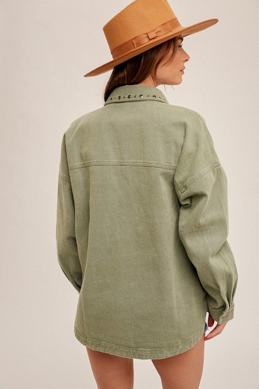 ABIGAIL TWILL STUDDED JACKET - Green, Metal Details. Buttons, Military, 
