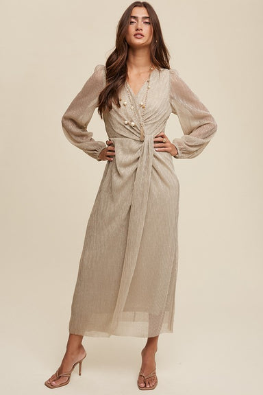 ADDISON GLITTERED MAXI DRESS-silver,long sleeve,v-neck,maxi dress,cinch by waist