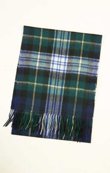 Plaid scarf with blue, green, and white colors on a white background