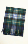 Plaid scarf with blue, green, and white colors on a white background