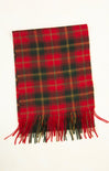 Red and green plaid scarf with fringes on a white background
