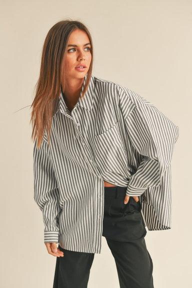 Alexis Striped Button Down -Oversized, COllar, Button down, Grey and White stripe