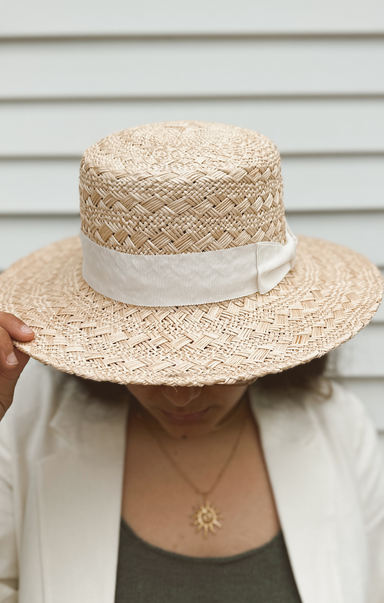 Person wearing a straw hat with a white band against a neutral background