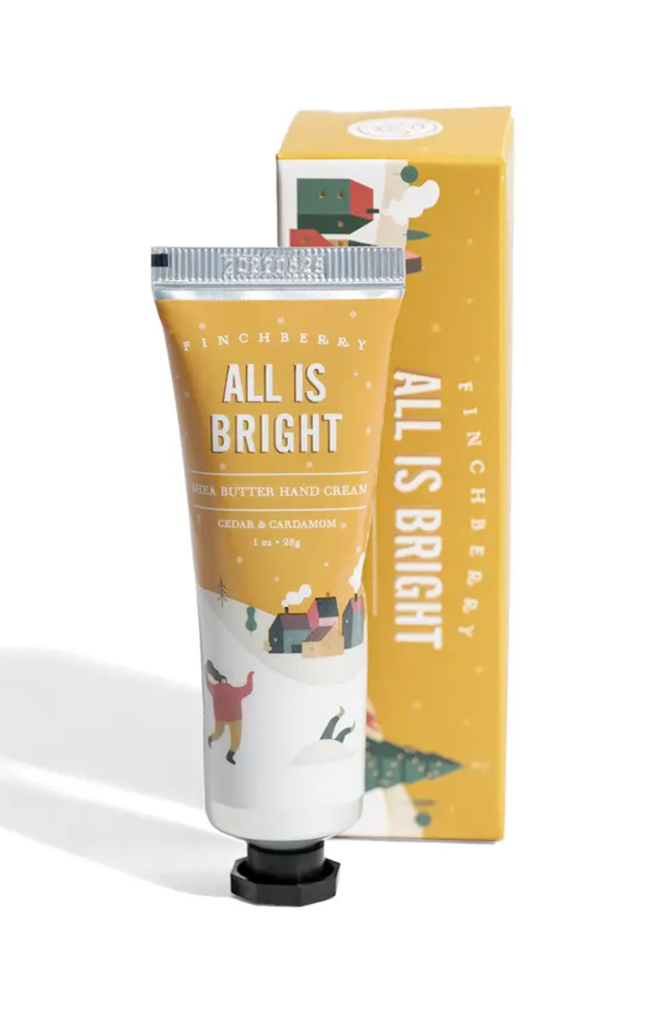 Hand cream with packaging labeled 'All is Bright' on a white background