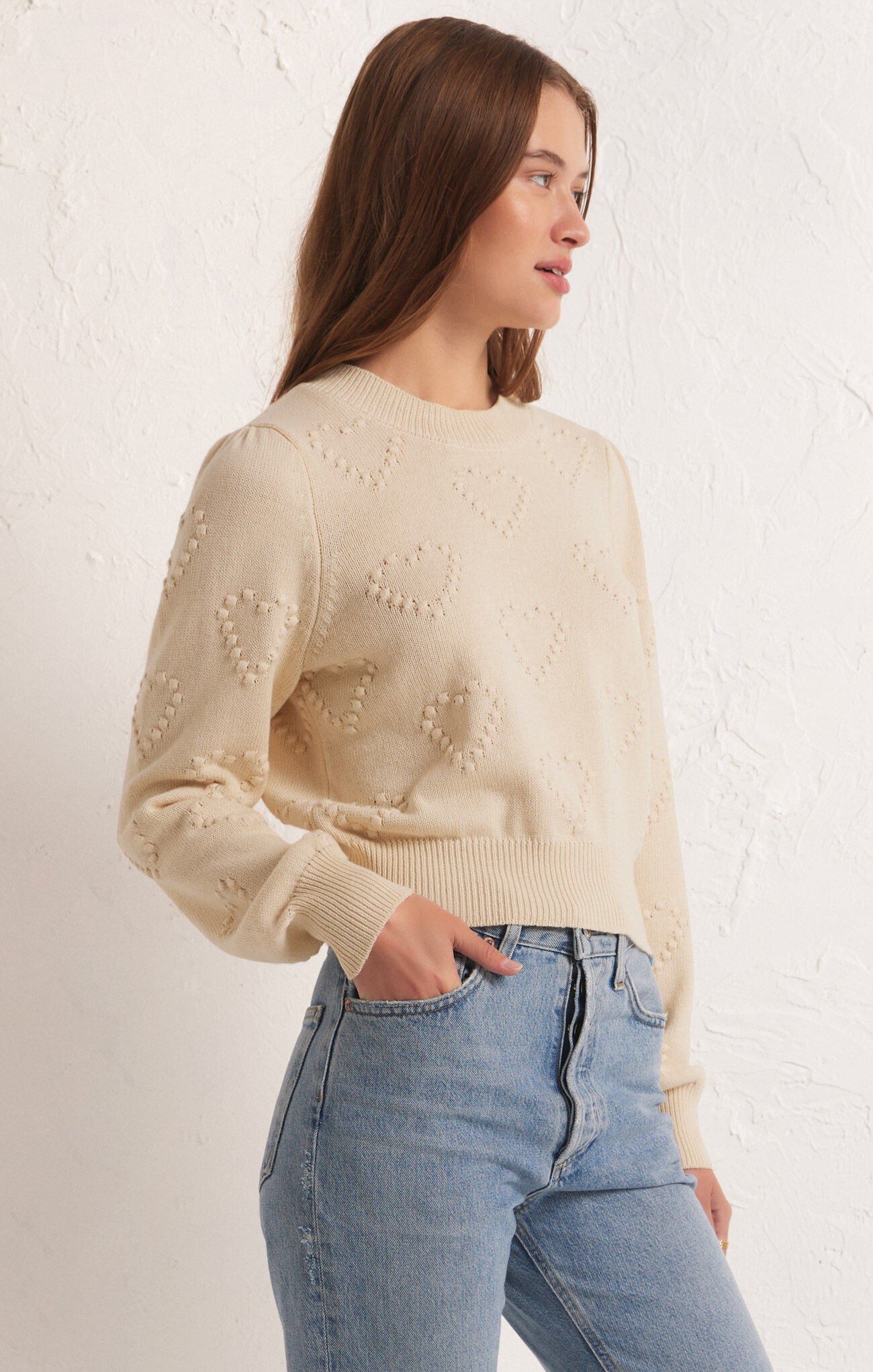 ALL WE NEED IS LOVE SWEATER-z-supply,sandstone,heart pattern,round neckline,ribbed hems