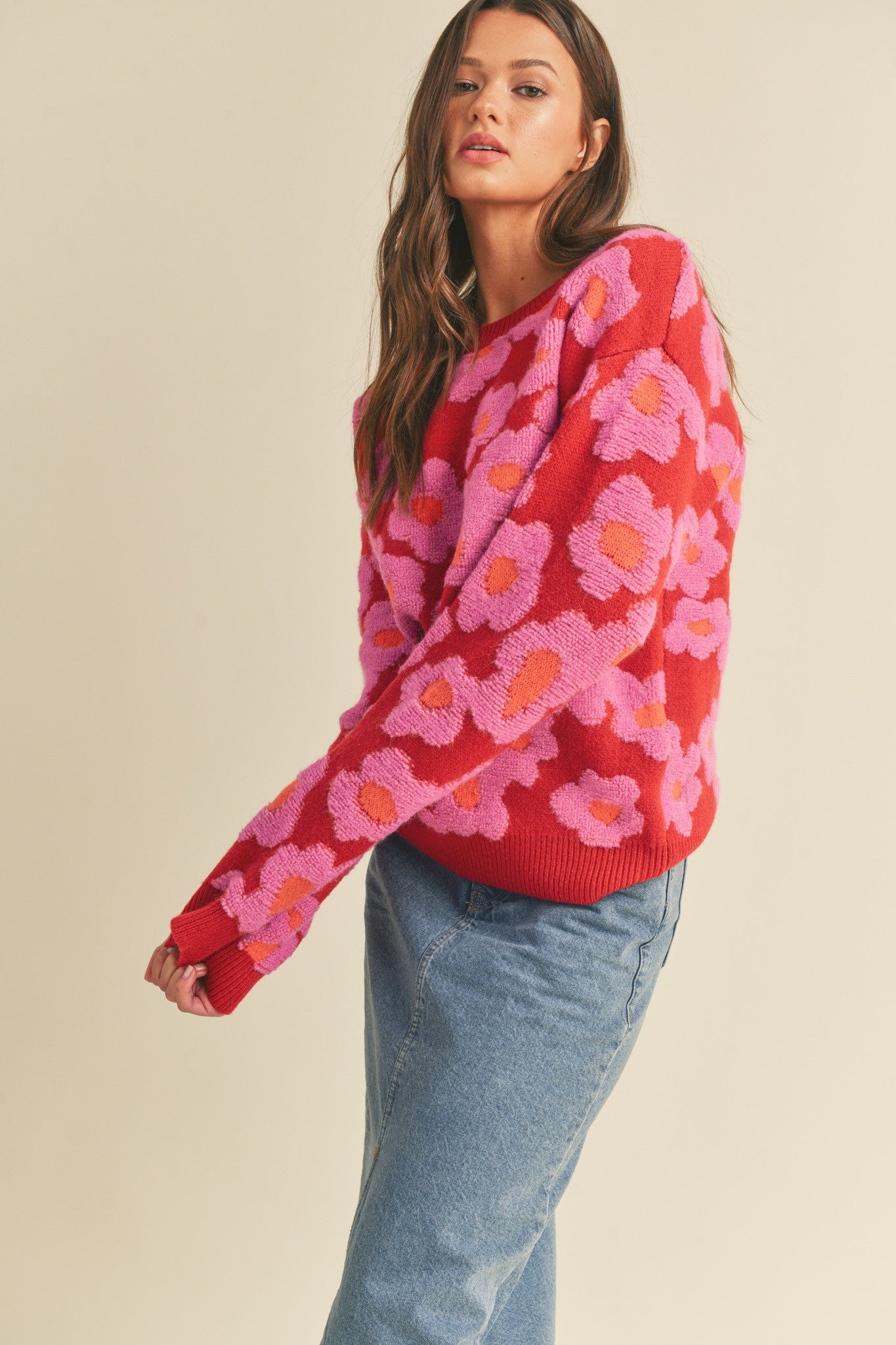AMAYAH FLORAL KNIT SWEATER-red floral,long sleeves,round neck,ribbed edges,pink and red flower pattern