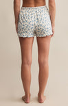A pair of high-waisted, floral patterned shorts with an elastic waistband.