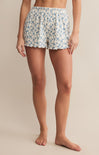 A pair of high-waisted, floral patterned shorts with an elastic waistband.