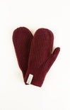 Pair of maroon knit mittens on a white background